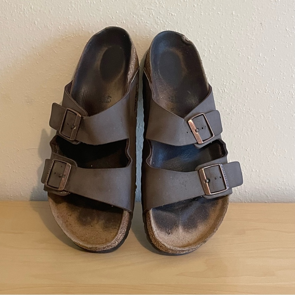 Birkenstock Arizona 41 (10) Leather Slide Sandals Brown Adjustable Double Buckle